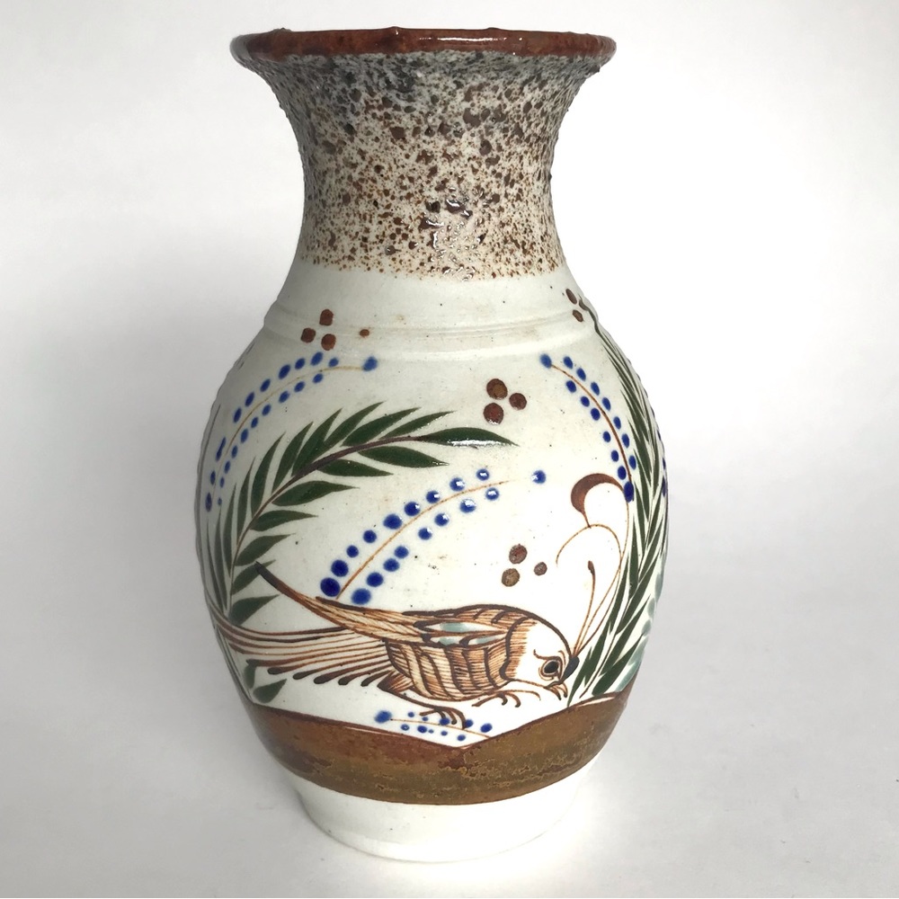Vintage Mexican Folk Art Sandstone Quail Pottery Vase Unique
